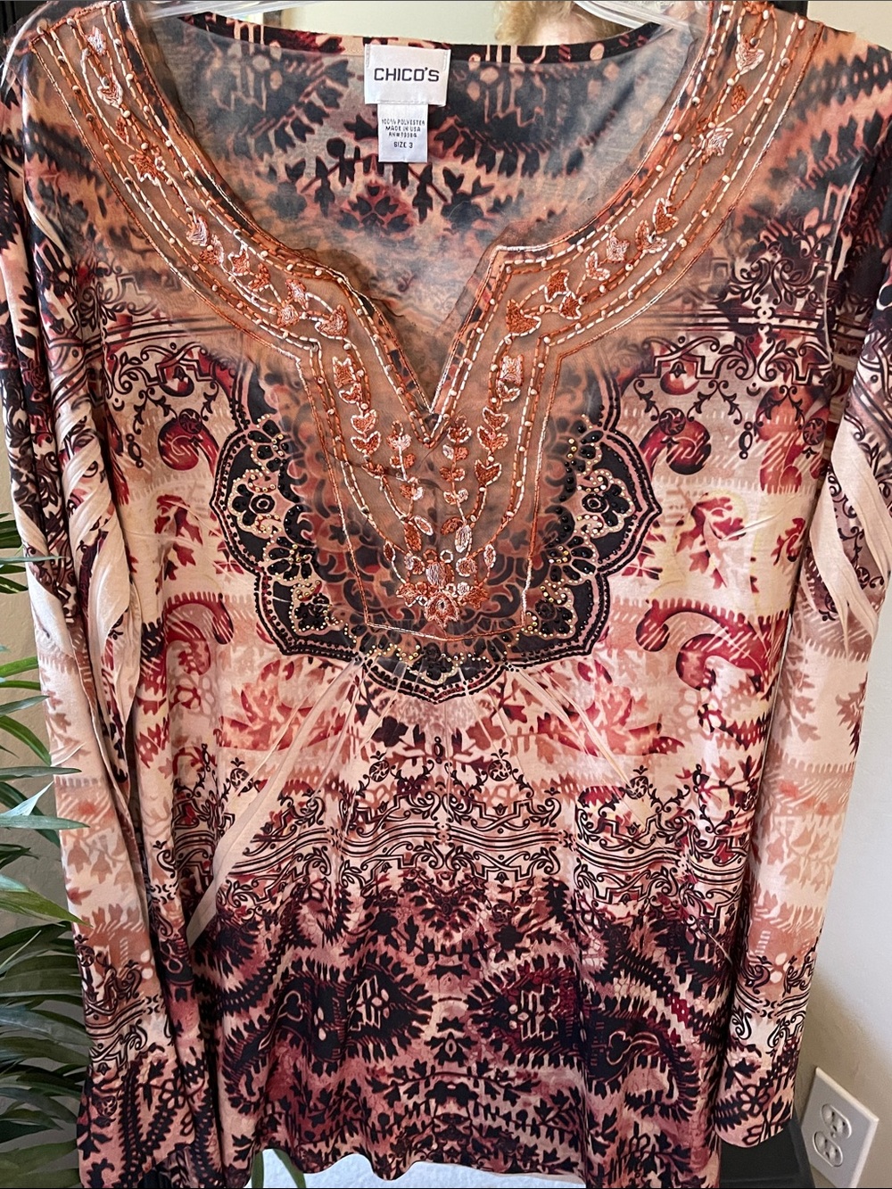 Chico's Beaded V-Neck Tunic in Pink and Brown